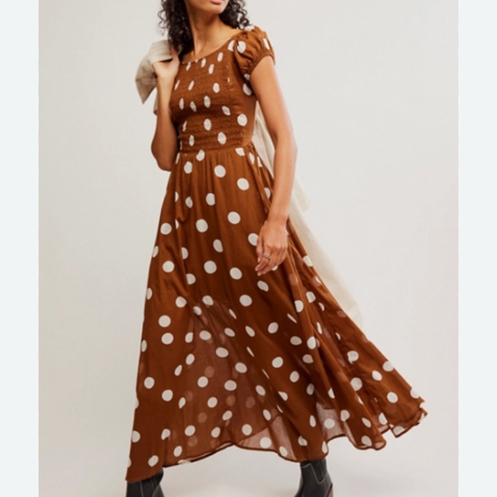 Free People Brown Polka Dot Maxi Dress with White Dots - Picture 3 of 10